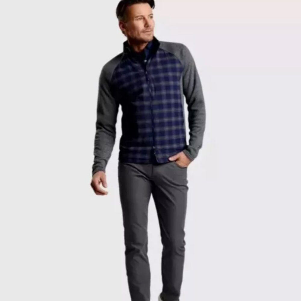 Mens Peter Millar Performance Flannel Gray Blue Plaid Men's Zip Jacket 2XL New